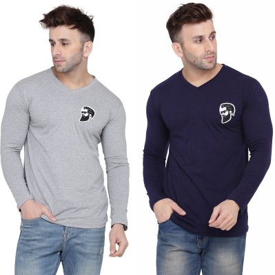 BEYOU FASHION Solid Men V Neck Dark Blue, Grey T-Shirt