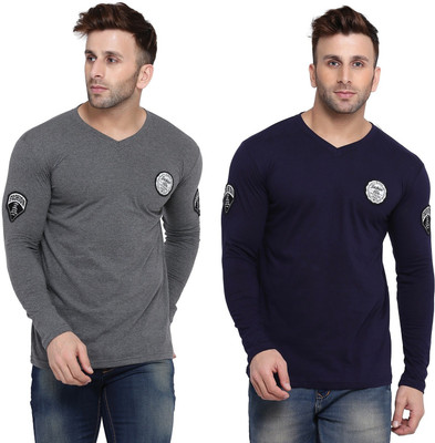 Lawful Casual Solid Men V Neck Dark Blue, Grey T-Shirt