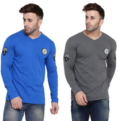 Trendfull Solid Men V Neck Blue, Grey T-Shirt