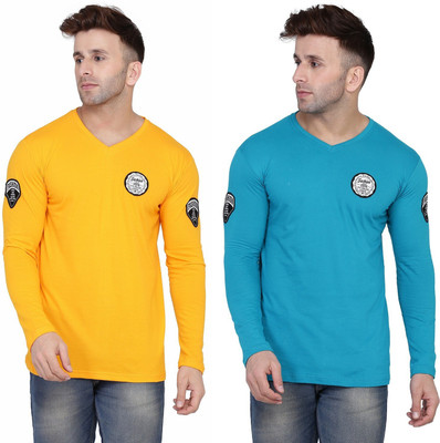 Lawful Casual Solid Men V Neck Yellow, Light Green T-Shirt