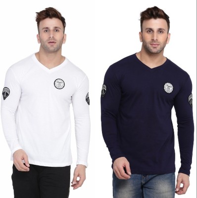 Trendfull Solid Men V Neck Dark Blue, White T-Shirt