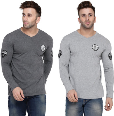 BEYOU FASHION Solid Men V Neck Silver, Grey T-Shirt