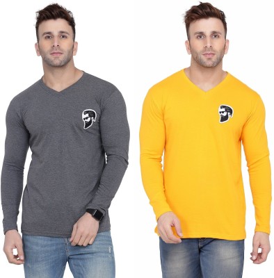 Trendfull Solid Men V Neck Grey, Yellow T-Shirt