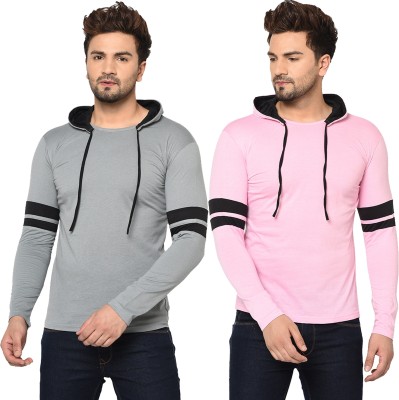 Bribzy Solid Men Hooded Neck Silver, Pink T-Shirt