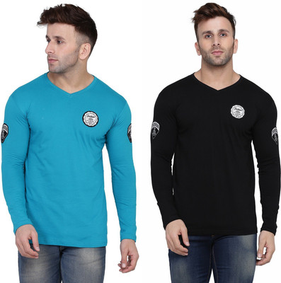 GEUM Solid Men V Neck Black, Light Green T-Shirt