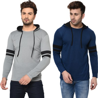 Bribzy Solid Men Hooded Neck Blue, Grey T-Shirt