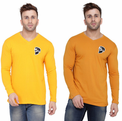 Lawful Casual Solid Men V Neck Gold, Yellow T-Shirt