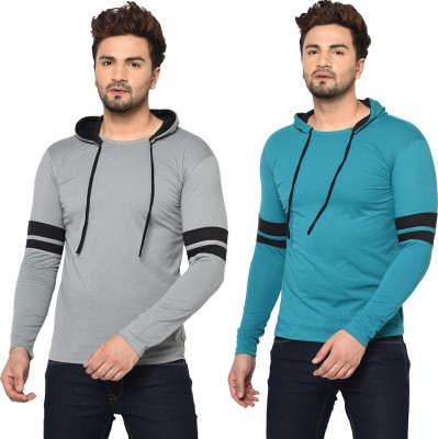 Adorbs Solid Men Hooded Neck Dark Blue, Grey T-Shirt