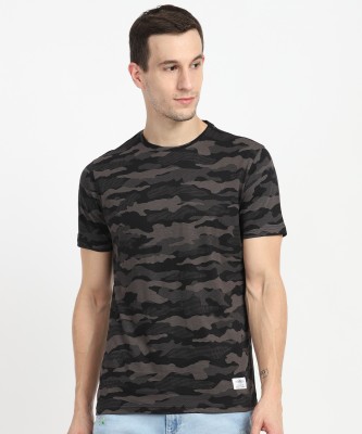 PEOPLE Military Camouflage Men Round Neck Black T-Shirt