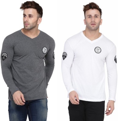 GEUM Solid Men V Neck White, Grey T-Shirt