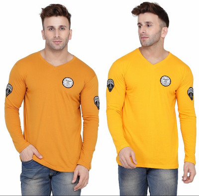 BEYOU FASHION Solid Men V Neck Gold, Yellow T-Shirt