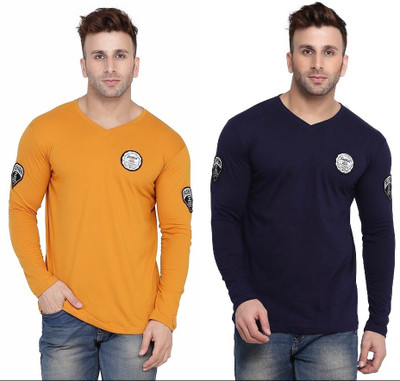 Trendfull Solid Men V Neck Dark Blue, Gold T-Shirt