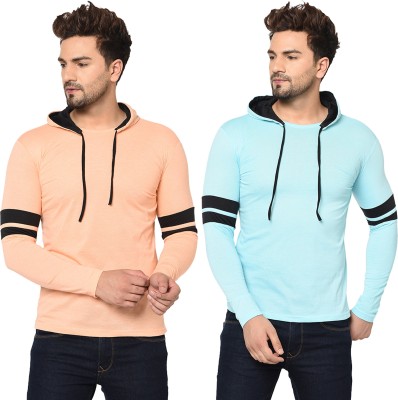 Unite Wear Solid Men Hooded Neck Light Blue, Orange T-Shirt