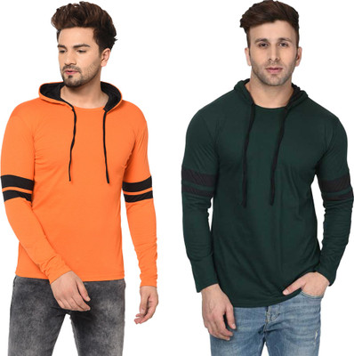 Jaskart Solid Men Hooded Neck Dark Green, Orange T-Shirt
