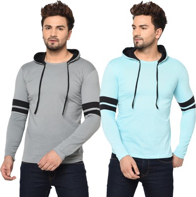 Moordale Striped Men Hooded Neck Light Blue, Grey T-Shirt