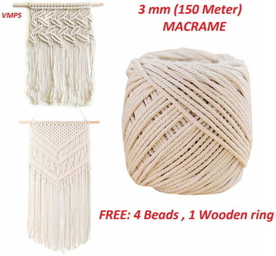 vmps 150 Meter 3 mm Natural Cotton Twisted Cord, Macrame Thread Craft - Free 1 Wooden Ring / 4 Beads