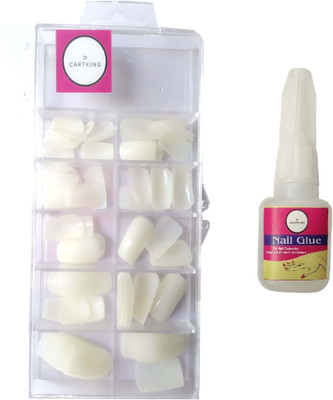 CartKing Artificial Reusable Nails Set With Glue(10gm) and Transparent Box White(Pack of 100)