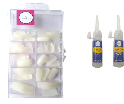 CartKing Artificial Reusable Nails Set With 2 Glue(3gm) For Dramatic Look White(Pack of 100)