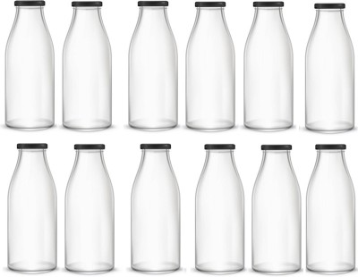 AFAST Water/ Milk Bottle With Lid, Set Of 12, 300 ml -RT23 300 ml Bottle(Pack of 12, Clear, White, Glass)