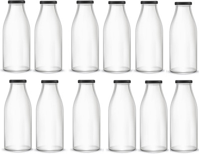 AFAST Water/ Milk Bottle With Lid, Set Of 12, 300 ml -RT23 300 ml Bottle(Pack of 12, Clear, White, Glass)