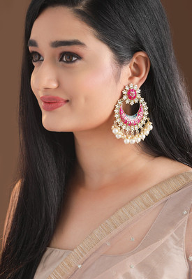 RUBANS Rubans Gold Plated Handcrafted Pink Enamel Pearl Chandbali Earrings Alloy Chandbali Earring