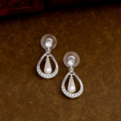 GehenabyEstele Gehena by Estele Rhodium Pearl Crytsal Frame Alloy Drops & Danglers