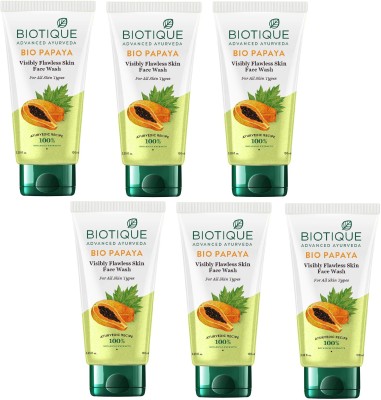 BIOTIQUE Pack of 6 Bio Papaya Visibly Flawless Skin  100ml ( For All Skin Types ) Face Wash(600 ml)