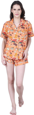 Wear We Met Women Printed Orange Top & Shorts Set