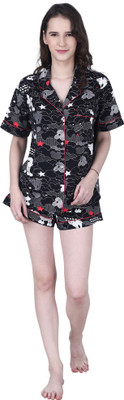 Wear We Met Women Printed Black Top & Shorts Set