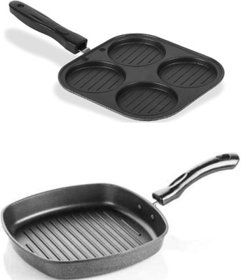 Precious Homeware Non-Stick Grill Pan and 4 in 1 Mini Uttapam Maker / Pancake Pan COMBO Grill Pan 19.5 cm diameter 1 L capacity(Aluminium, Non-stick)