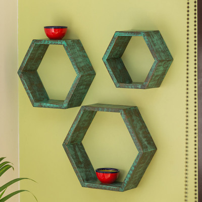 ExclusiveLane 'Rustic Hexagons' Antique Finish Nested In Mango Wood (Set of 3) Wooden Wall Shelf(Number of Shelves - 3, Blue)