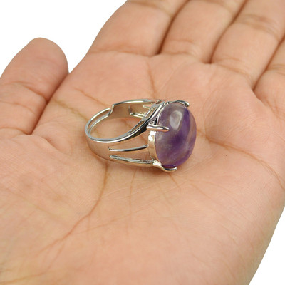 REIKI CRYSTAL PRODUCTS Amethyst Ring German Silver Ring Adjustable Rings Round Shape Stone Ring For Girls and Men Silver Jewellery Crystal Amethyst Ring