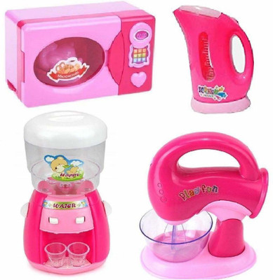 FIDDLERZ 4Pcs Battery Operated Pretend Play Kitchen Household Appliance Play Set for Kids (Water Dispenser, Cattle, Microwave and Whipped Machine)