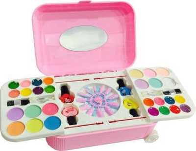 Arc & Alley All-in-One Cosmetic and Real Makeup Palette with Mirror, Comes in Trolley for Kids ( Make up Kid and Nail Art KIT Set ) Pretend Play Set for Kids/Girls