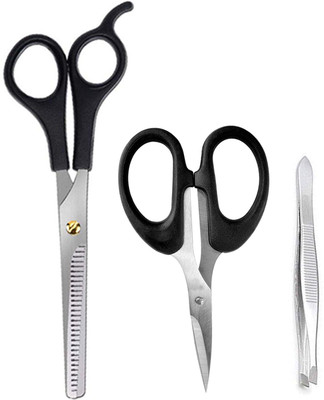 MGP FASHION High Quality Personal Care Home And Professional Beauty Makeup Hair Grooming Cutting Parlour Barber Salon Easy Grip for Men Women Kids and Moustache Hair Trimming Tweezer Plucker for Upper Lip, Eyebrows All Purpose Scissors Combo Silver Black (Set of 3) Scissors(Set of 3, Silver, Black)