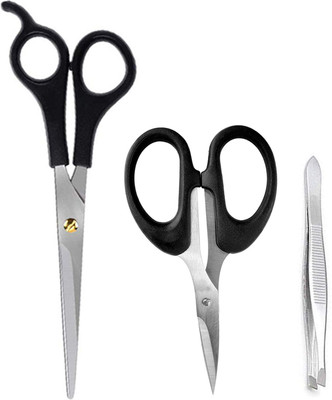 MGP FASHION Personal Care Home And Professional Beauty Makeup Hair Grooming Cutting Parlour Barber Salon Easy Grip for Men Women Kids and Moustache Hair Trimming Tweezer Plucker for Upper Lip, Eyebrows All Purpose Scissors Combo Silver Black (Set of 3) Scissors(Set of 3, Silver, Black)
