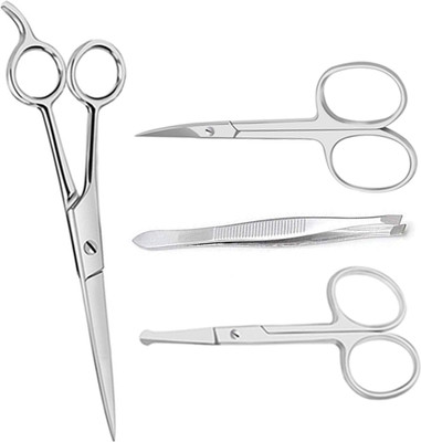 MGP FASHION High Quality Personal Care Home And Professional Beauty Makeup Hair Grooming Cutting Parlour Barber Salon Easy Grip for Men Women Kids and Moustache Nose Hair Trimming Tweezer Plucker for Upper Lip, Eyebrows All Purpose Scissors Combo Silver (Set of 4) Scissors(Set of 4, Silver, Black)