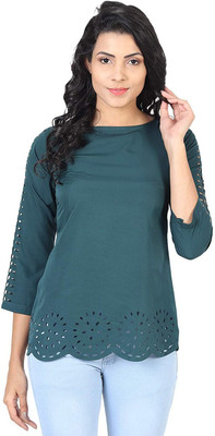 PREEGO Casual Laser Cut Women Dark Green Top