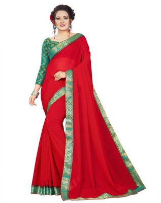 I SHREE KHODIYAR CREATION Solid/Plain Bollywood Georgette Saree(Red)