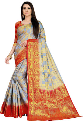 Matangi Exporter Self Design Banarasi Silk Blend, Art Silk Saree(Grey)