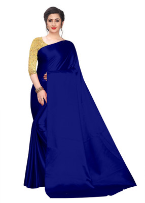 VASUFAB Solid/Plain Bollywood Satin Saree(Dark Blue)