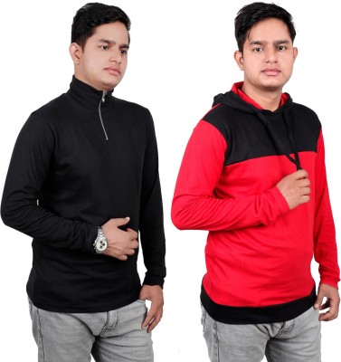 Morewill Solid Men Turtle Neck Red, Black T-Shirt