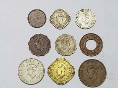 F4S BRITISH INDIA - GEORGE VI SET OF 9 DIFFERENT COINS - 1/12 ANNA , 1/4 ANNA , 1/2 ANNA , 1 ANNA (BRASS) , 1 ANNA (NICKEL), 2 ANNA (BRASS), 1 PICE (HOLE) , 1/4 RUPEE & 1/2 RUPEE Medieval Coin Collection(9 Coins)