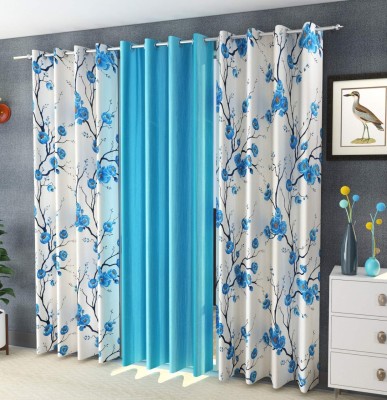 Blexos 213 cm (7 ft) Polyester Semi Transparent Door Curtain (Pack Of 3)(Floral, Aqua)