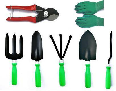 IBEX Gardening Tool Set of 5 & Double Cut, Trowel Set and Gloves Garden Tool Kit Garden Tool Kit(7 Tools)