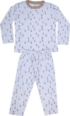 KABOOS Kids Nightwear Girls Printed Cotton Blend(White Pack of 1)