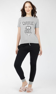 Rock Paper Scissors Women Graphic Print, Solid Grey, Black Top & Pyjama Set
