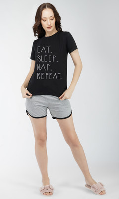 Rock Paper Scissors Women Graphic Print, Solid Black, Grey Top & Shorts Set