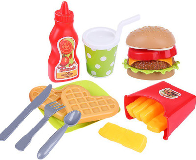 Assemble Kitchen Fast Food Set Like Burger, French Fries, Ketchup Bottle, Waffles, Tray, Knife, Spoon, Fork Pretend & Play Toy for Kids (Multicolor)