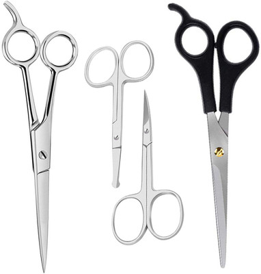 MGP FASHION High Quality Personal Care Tools Home And Professional Beauty Makeup Hair Grooming Cutting Parlour Barber Salon Easy Grip for Men Women Kids and Moustache, Beard, Eyebrow, Nose Hair Trimming All Purpose Small Big Scissors Combo (Set of 4, Silver Black) Scissors(Set of 4, Black, Silver)